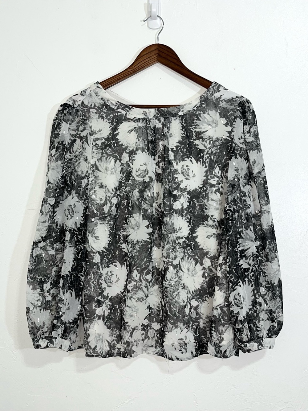 Talbots Black White Floral Chiffon Blouse Sheer Metallic Shimmer Puff Sleeve XLP